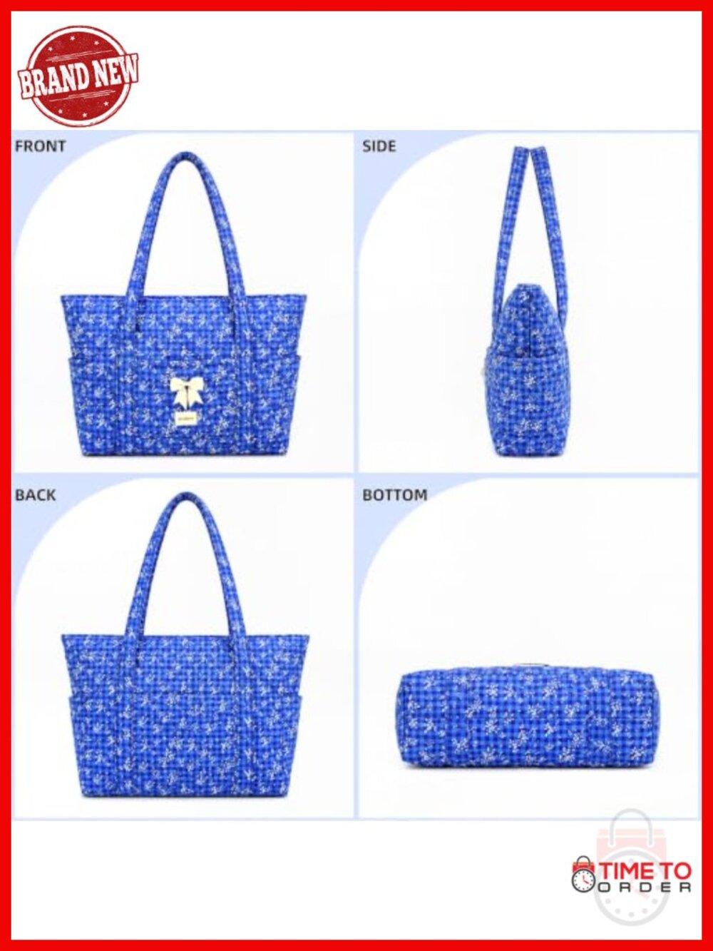 Quilted Cotton Tote Bag with 7 Pockets, Zip Top, Lightweight - Picture 4 of 6